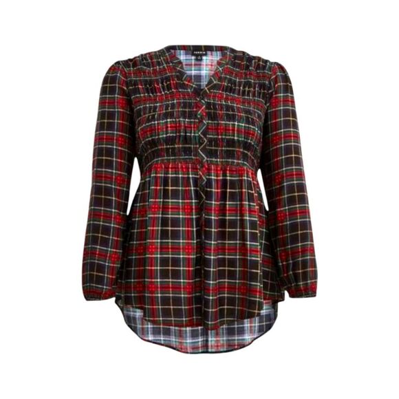 TORRID Plus Size Babydoll Twill Smocked Button Front Plaid Hi-Lo Hem Tunic 2X - Picture 5 of 16